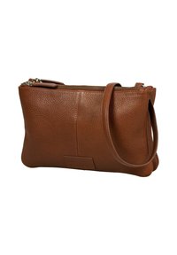 Braune Leder-Clutch mit strukturierter Oberfläche, Reißverschluss und einem einzelnen Schulterriemen. Verfügt über ein schlichtes rechteckiges Design.