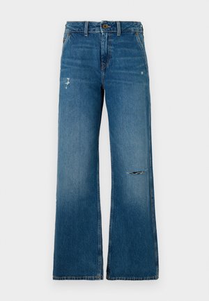 Blue denim wide-leg jeans with a faded texture, featuring two distressed areas on the front, a button closure, and five-pocket design.