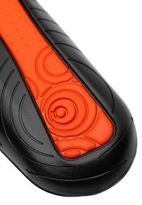 Black ergonomic handle with textured grip, featuring a bright orange section embedded with circular patterns for enhanced tactile feedback.