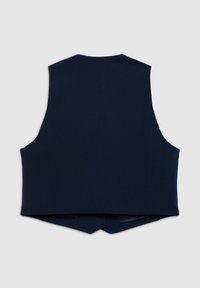 Veste sans manches bleu marine à coupe droite, texture subtile et dos épuré, avec un ourlet inférieur pointu.