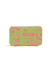 Zielony portfel na zamek błyskawiczny wykonany z teksturowanego materiału, z jaskraworóżowym wyrazistym napisem i sercami. Złoty akcent logo z przodu.