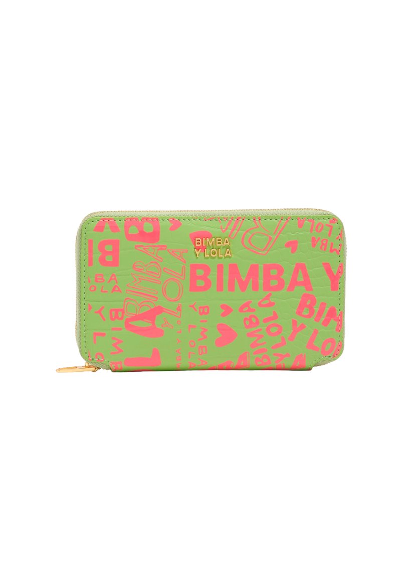 Zielony portfel na zamek błyskawiczny wykonany z teksturowanego materiału, z jaskraworóżowym wyrazistym napisem i sercami. Złoty akcent logo z przodu.