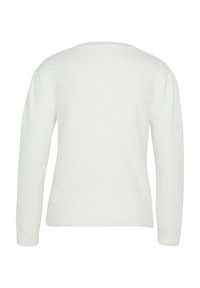 Pull blanc uni à manches longues vu de dos, avec un col rond et des poignets et un ourlet côtelés.