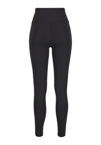 Hochgeschnittene schwarze Leggings aus dehnbarem Stoff, mit glatter Textur und körpernahem Design, ohne sichtbare Logos oder Muster.
