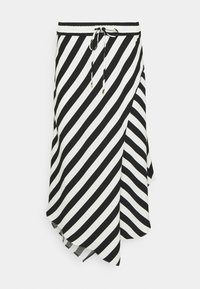 Mustavalkoraidallinen hame, jossa on nyörivetskari, epäsymmetrinen helma ja sileä, kevyt kangaspinta.