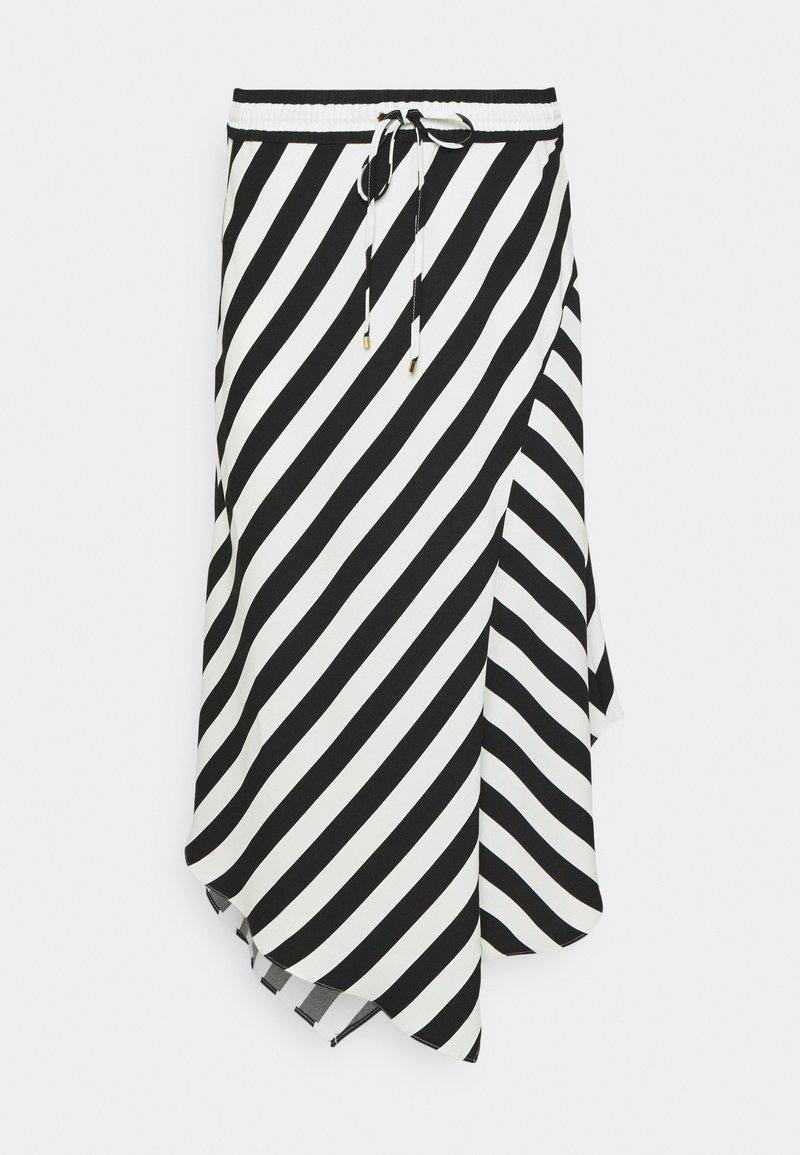 Mustavalkoraidallinen hame, jossa on nyörivetskari, epäsymmetrinen helma ja sileä, kevyt kangaspinta.