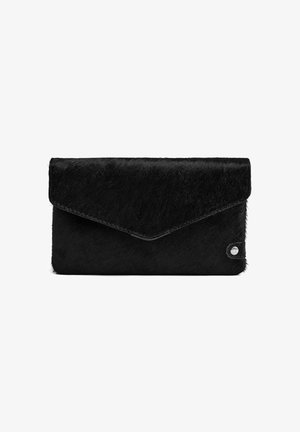 Black clutch purse made of soft fur-like material with an envelope design, featuring a silver snap button detail on the side.