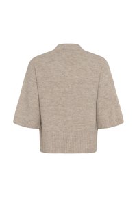 Beige cropped sweater with short sleeves, ribbed hem, and a soft knit texture. Simple design with a clean neckline.