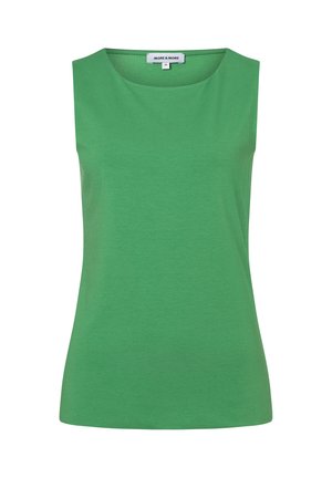 Green sleeveless top with round neckline, plain design, and brand label "MORE & MORE" on the inside back collar.