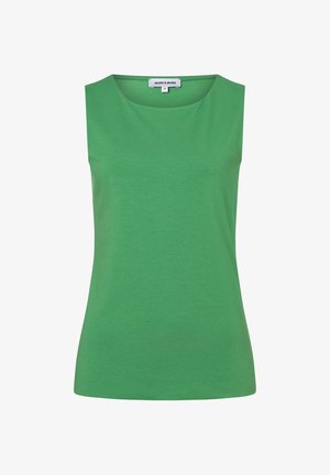 Grünes ärmelloses Oberteil mit rundem Ausschnitt, schlichtem Design und Markenetikett "MORE & MORE" auf der Innenseite des hinteren Kragens.