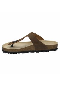 Ruskeaharmaat nahka flip-flop sandaalit, joissa on korkki välipohja ja teksturoitu musta kumipohja. Varustettu varvasosalla ja säädettävällä hihnalla, jossa on metallinen yksityiskohta.