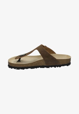 Brown leather flip-flop sandal with a cork midsole and textured black rubber sole. Features a toe post and adjustable strap with metal accent.