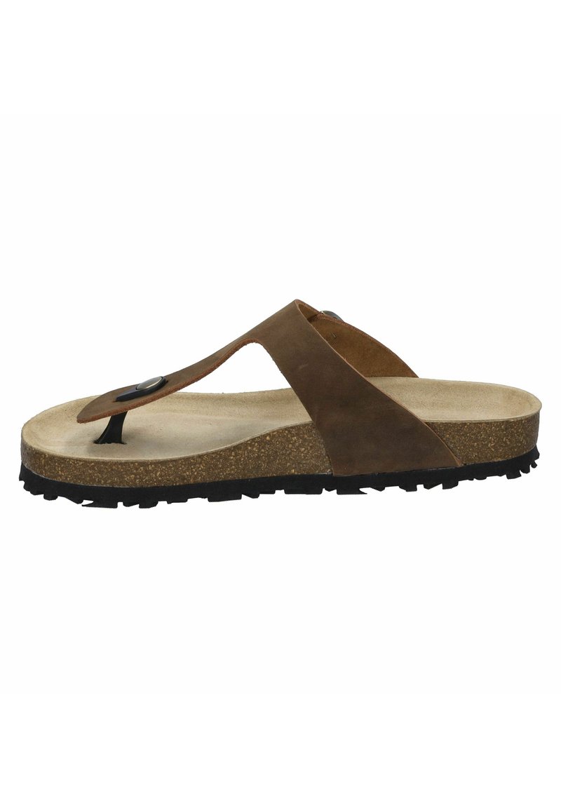 Ruskeaharmaat nahka flip-flop sandaalit, joissa on korkki välipohja ja teksturoitu musta kumipohja. Varustettu varvasosalla ja säädettävällä hihnalla, jossa on metallinen yksityiskohta.
