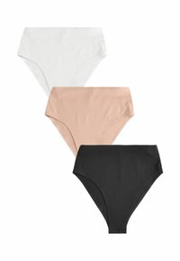 Drie paren hoge taille onderbroeken in wit, huidskleur en zwart, gemaakt van zachte, gladde stof met een naadloos ontwerp en zonder zichtbare stiksels.