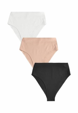 Drie paren hoge taille onderbroeken in wit, huidskleur en zwart, gemaakt van zachte, gladde stof met een naadloos ontwerp en zonder zichtbare stiksels.