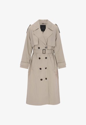 Gabardina beige con diseño cruzado, grandes botones marrones, solapas anchas y cinturón ajustable. Cuenta con bolsillos laterales y detalles en los hombros.