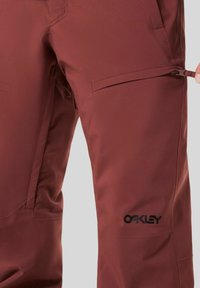 Maroon ski pants made of water-resistant fabric, featuring zippered pockets, adjustable cuffs, and an embroidered logo on the thigh.