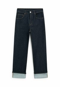 Mörkblå denimbyxor med rak passform, som har fem fickor, knappstängning och kortade ärmslut i ljusare denim.