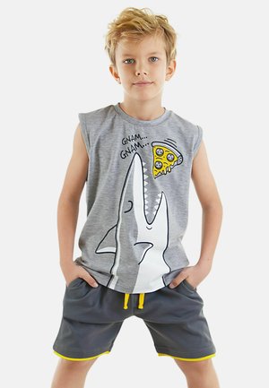 Gray sleeveless T-shirt with shark graphic and pizza design; paired with gray shorts featuring yellow accents and drawstring.