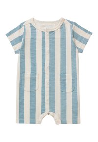 Gestreepte short-sleeve romper in lichtblauw en crème, met een knoopsluiting aan de voorkant, twee opgestikte zakken en een drukknoopsluiting aan de onderkant.