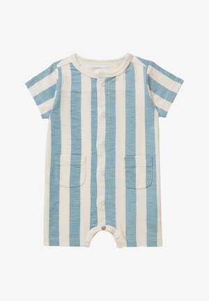 Rompers à rayures à manches courtes en bleu clair et crème, avec un devant boutonné, deux poches plaquées et une fermeture à pression au bas.