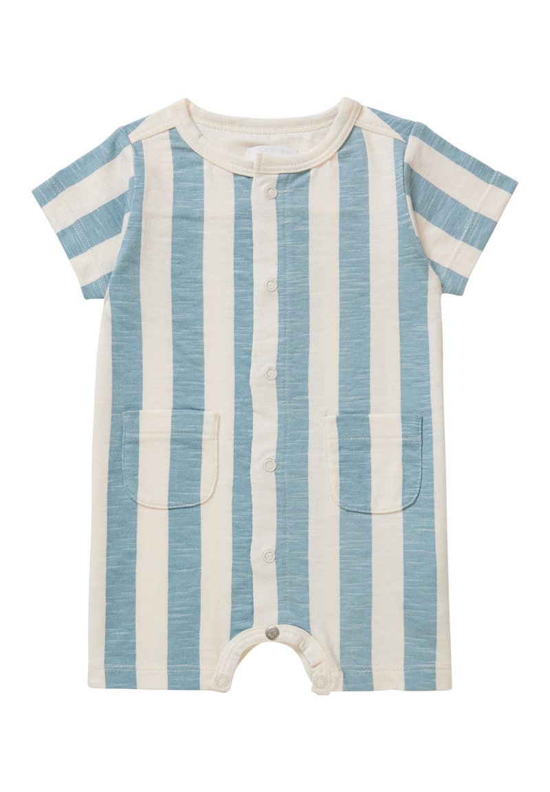 Gestreepte short-sleeve romper in lichtblauw en crème, met een knoopsluiting aan de voorkant, twee opgestikte zakken en een drukknoopsluiting aan de onderkant.