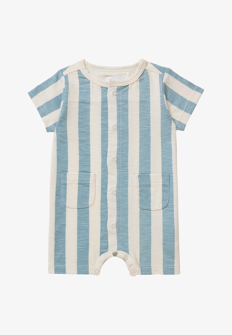 Gestreepte short-sleeve romper in lichtblauw en crème, met een knoopsluiting aan de voorkant, twee opgestikte zakken en een drukknoopsluiting aan de onderkant.