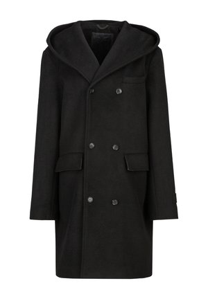 Black double-breasted knee-length coat with hood, button closure, two front flap pockets, and one chest welt pocket.