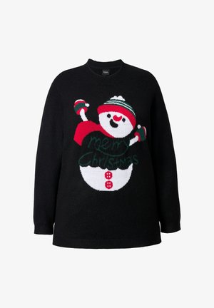 Suéter negro con un alegre muñeco de nieve que lleva una bufanda roja y un gorro a rayas verdes, sosteniendo manoplas, con el texto "Feliz Navidad".