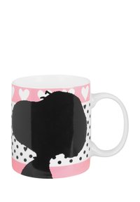 Tazza in ceramica con un design a silhouette nero opaco, motivo a cuori rosa e bianche e pois attorno al corpo. Manico bianco. Bordo ampio.