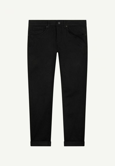 Zwarte denimbroeken met een rechte pasvorm, voorzien van een vijf-pocketontwerp en opgerolde mouwen. Soepele textuur en een klassieke knoopsluiting.