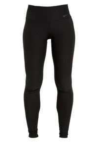 Leggings neri con vita alta, texture liscia e un discreto logo Nike in grigio. Progettati per comfort e flessibilità.