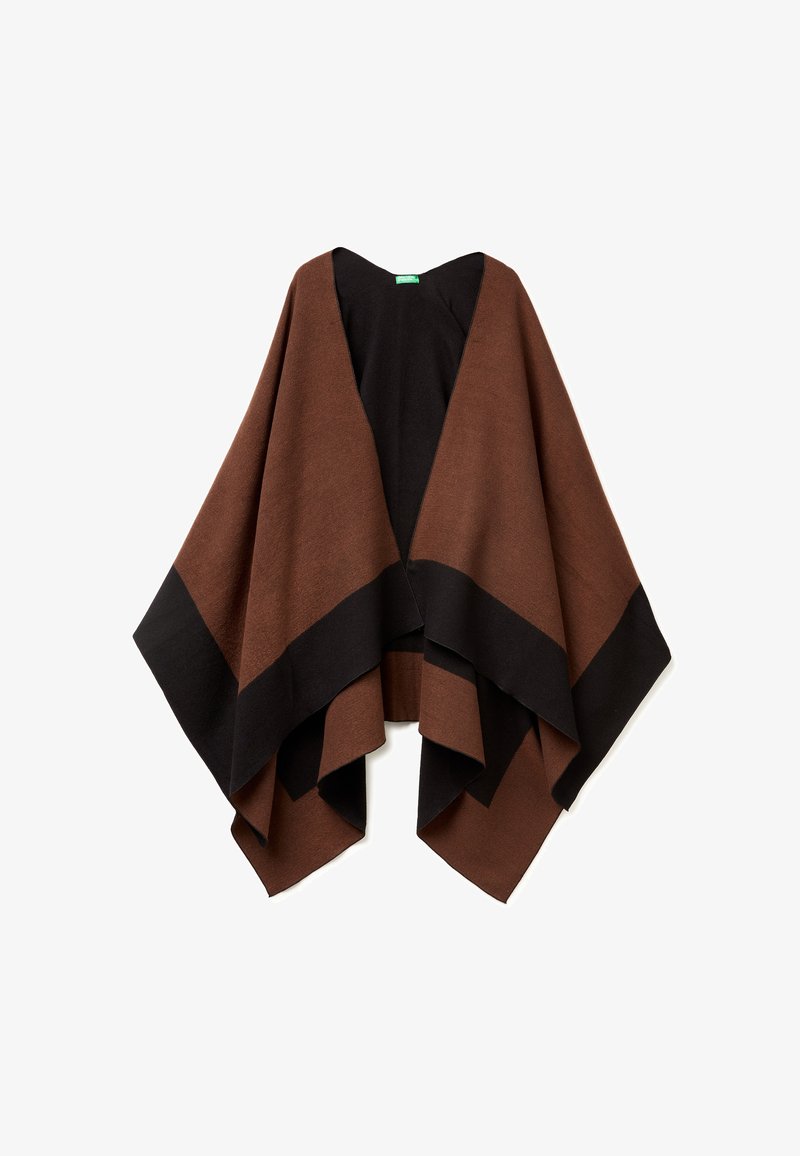 Brauner und schwarzer Poncho mit V-Ausschnitt, aus weichem Stoff gefertigt. Verfügt über einen kantigen Schnitt und drapierte Lagen für einen entspannten Sitz.