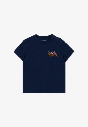 Marineblauw korte mouwen shirt voor peuters met twee drukknoopjes op de schouder en een kleine borduur van drie polo spelers te paard op de borst.