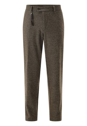 Men’s straight-fit brown wool blend trousers with button closure and zippered side pocket, designed for casual or formal wear.