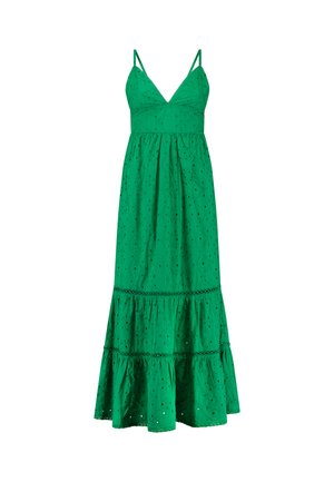 Zelena bombažna maksi obleka s stopničastim krilom, nastavljivimi naramnicami, V-izrezom in vezenimi očesci po celotni obleki.