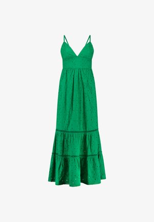 Vestido largo de algodón verde con falda en capas, tirantes ajustables, escote en V y detalles de ojal bordados en toda la prenda.