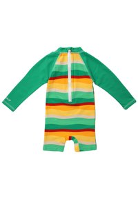 Kinderrashguard, groene lange mouwen, rits aan de achterkant, horizontale strepen in geel, oranje en groen, zachte stof, korte benen, geen hardware accenten.