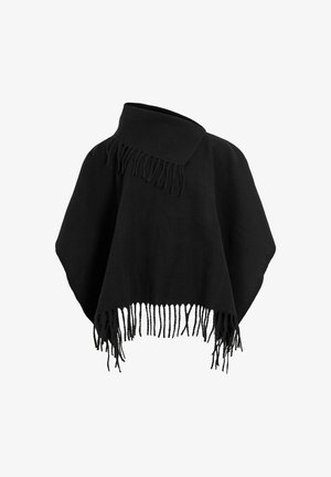 Poncho in lana nera con alto colletto e bordi frangiati, che si drappeggia in modo morbido con una silhouette ampia.