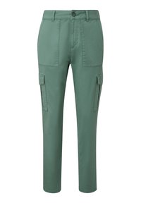 Grüne Cargo-Hose mit Reiß- und Knopfverschluss, zwei Vorder- und zwei seitlichen Cargo-Taschen. Aus leichtem Stoff gefertigt.