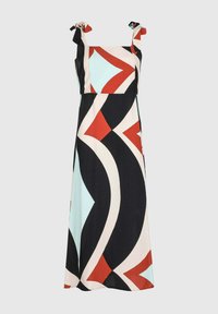 Robe maxi avec un motif géométrique audacieux en noir, rouge, blanc et bleu clair, dotée d'un décolleté carré et de bretelles à nouer. Fabriquée en tissu léger.
