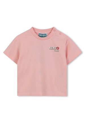 Pink cotton t-shirt with short sleeves, round neck, and shoulder snap closures. Features "KENZO PARIS" logo in white with a red flower detail.