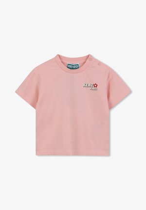 Roze katoen t-shirt met korte mouwen, ronde hals en drukknoopsluitingen op de schouders. Voorzien van het "KENZO PARIS" logo in het wit met een rode bloemdetail.