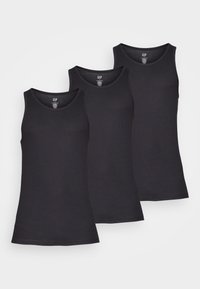 Three black tank tops in a ribbed texture, featuring round necklines and sleeveless design. Each top has a straight hem and brand label inside.