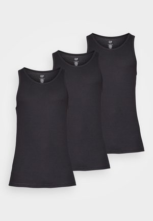 Drei schwarze Tanktops aus geripptem Material, mit runden Ausschnitten und ärmellosem Design. Jedes Top hat einen geraden Saum und ein Markenlabel innen.