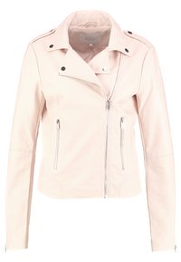 Helle rosa Lederbikerjacke mit Reißverschluss vorne und seitlichen Taschen, silbernen Beschlägen, asymmetrischem Kragen und figurbetontem Design.