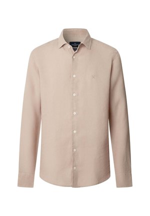 Beige herenoverhemd met lange mouwen, knoopsluiting, een kraag, een klein geborduurd logo op de borst en witte knopen aan de voorkant.