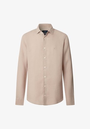 Camisa de hombre beige de manga larga con botones, cuello, pequeño logo bordado en el pecho y botones blancos en la parte delantera.