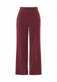 Pantalons larges bordeaux avec un motif à rayures fines, présentant une texture lisse et une taille élastique pour plus de confort.