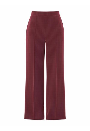Pantaloni a gamba larga bordeaux con motivo a righe sottili, caratterizzati da una texture liscia e una cintura elastica per il massimo comfort.